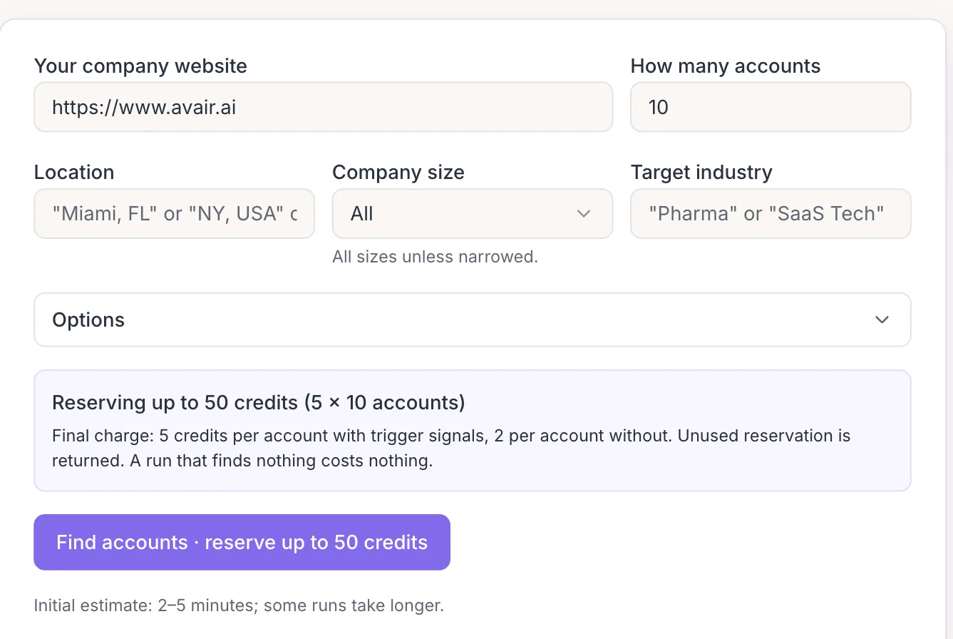 The Find Accounts form in AvairAI: your website, how many accounts, location, company size and target industry, with the credit reservation shown before the run