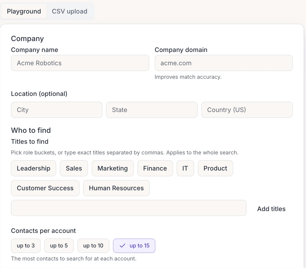 The Find Contacts form in AvairAI: company name and domain, optional location, role buckets or exact titles, and contacts per account from 3 to 15